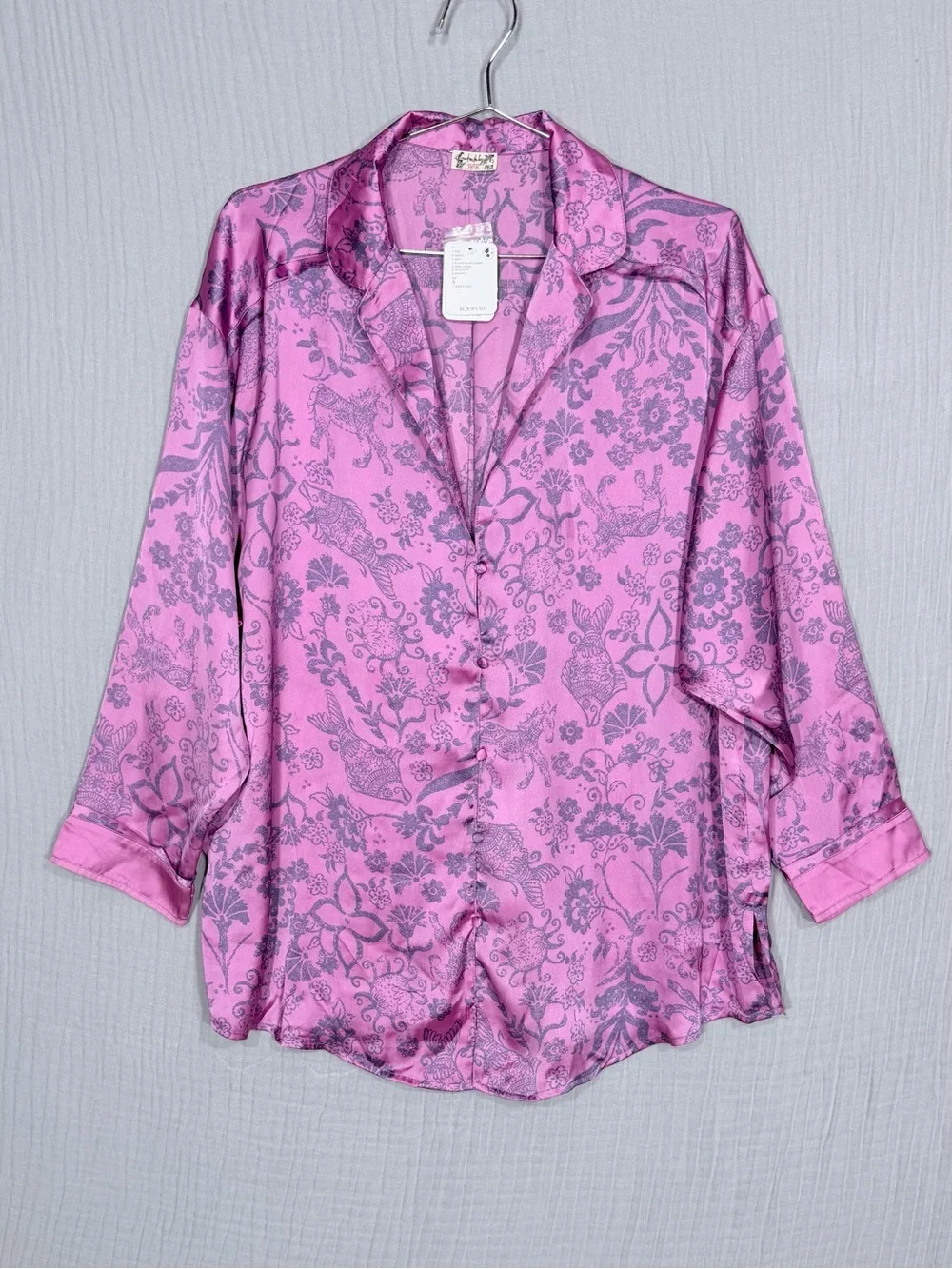 Free People Dreamy Days Pajama Top NWT Pink Print Button Front Satin TOP ONLY  S